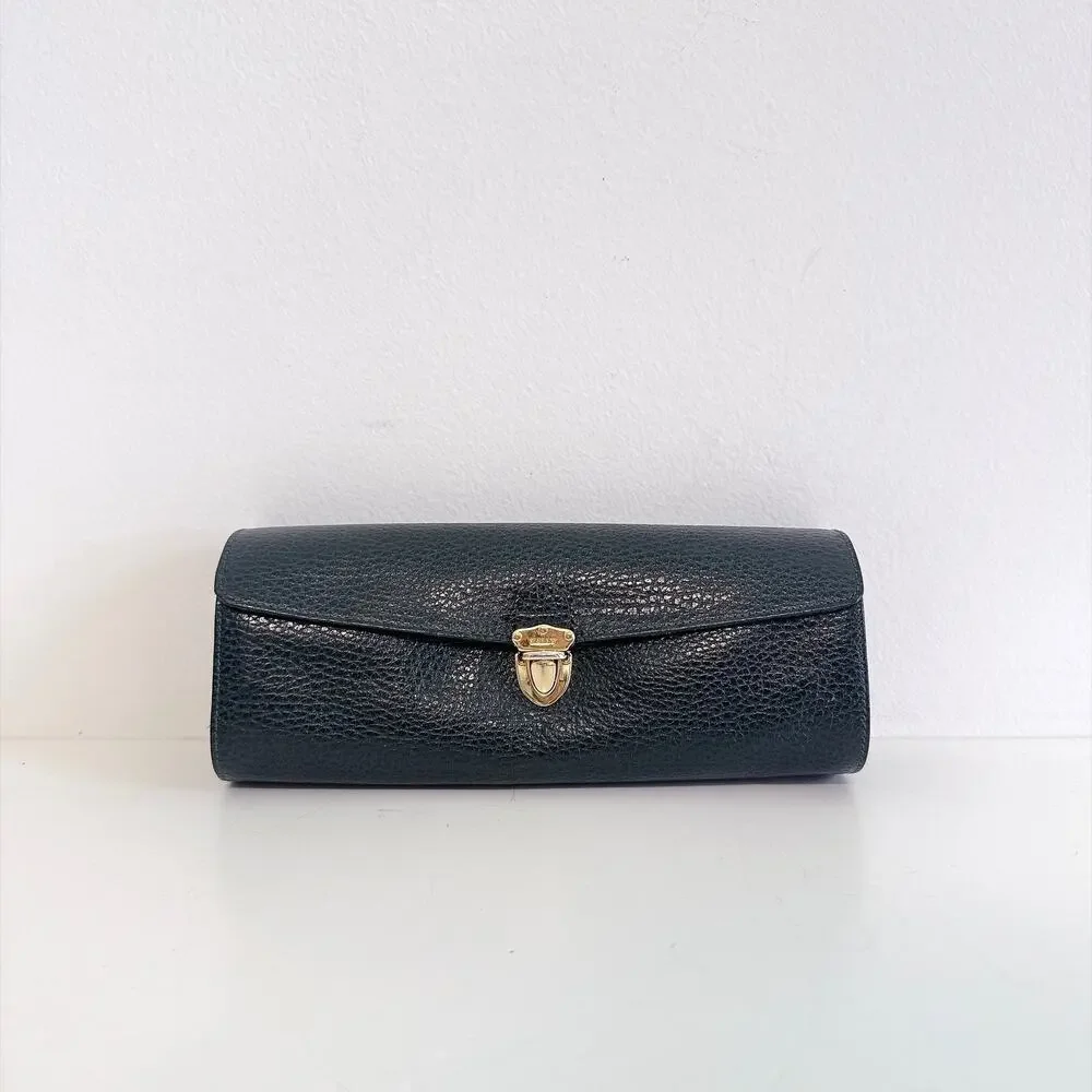 VTG BALLY GREEN PEBBLED LEATHER ROLL-UP TRAVEL WALLET CLUTCH - SUEDE LINING